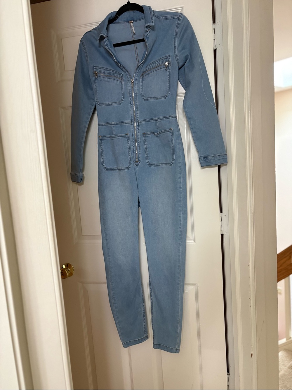 Free People Light Blue Denim Zip-Front Jumpsuit